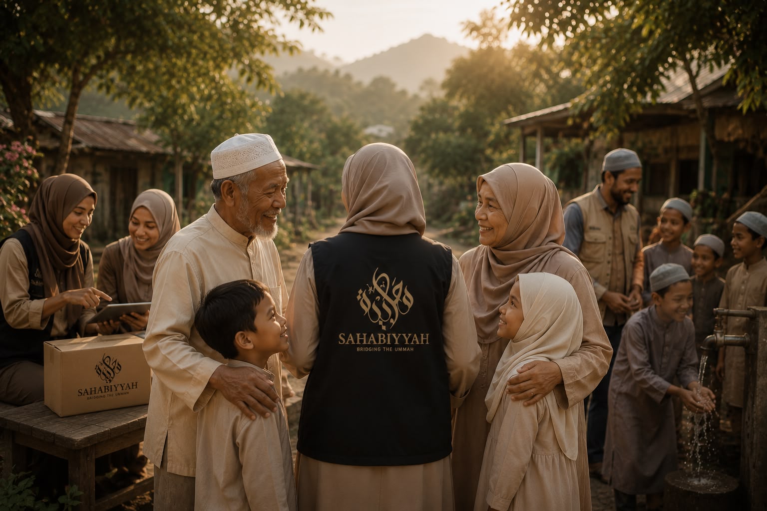Sahabiyyah team greeting a family during a community outreach project, with children receiving water aid and relief packages in the background