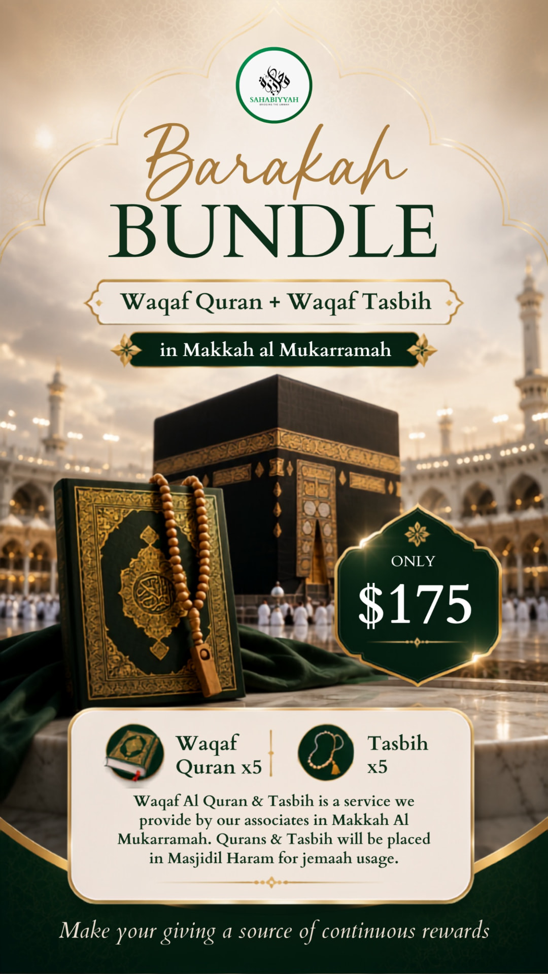 Barakah Bundle poster: Waqaf Quran and Tasbih placed in Masjidil Haram, Makkah